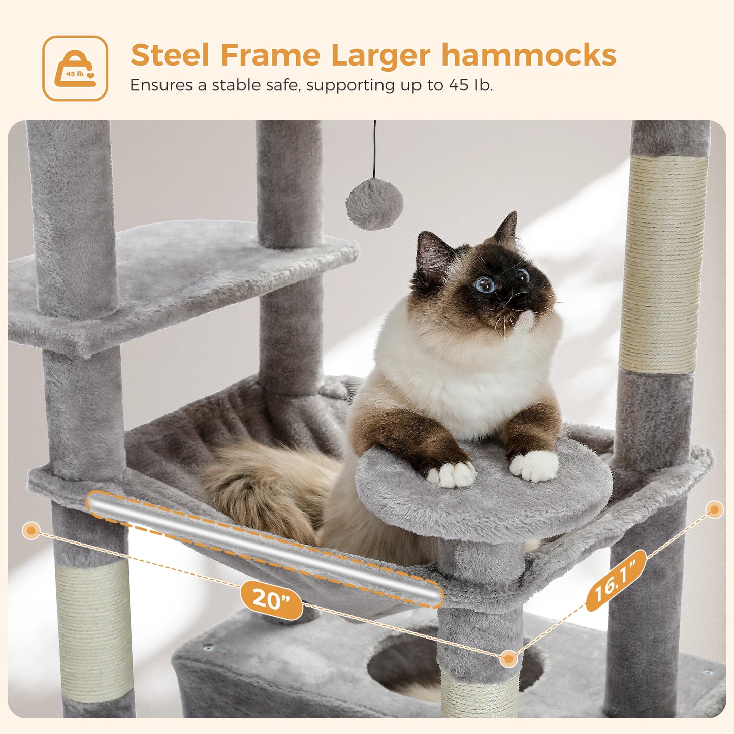 Multi-Level Cat Tower with Scratching Posts, Hammock and Cat Condo