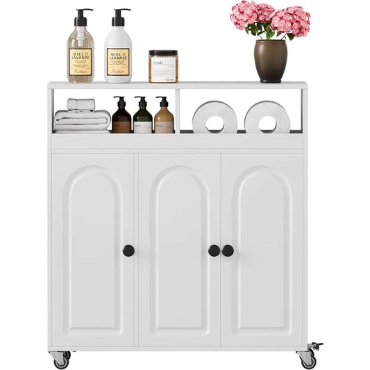 27.7 Inch Tall Rolling Bathroom Storage Cart with 3 Doors