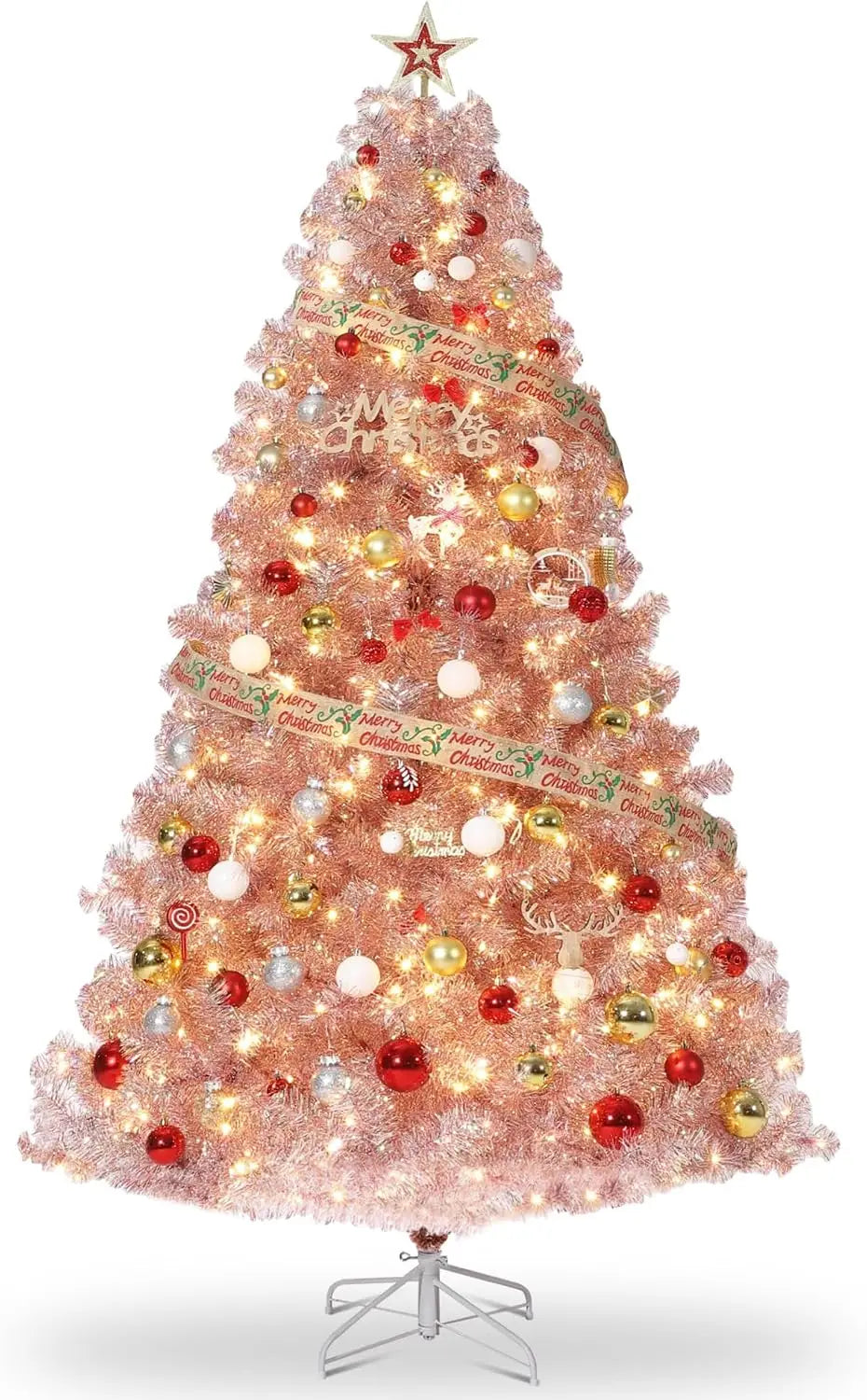 6ft or 7ft Pre-Lit Rose Gold Christmas Tree – Artificial Slim Pencil Tree with Realistic Branch Tips