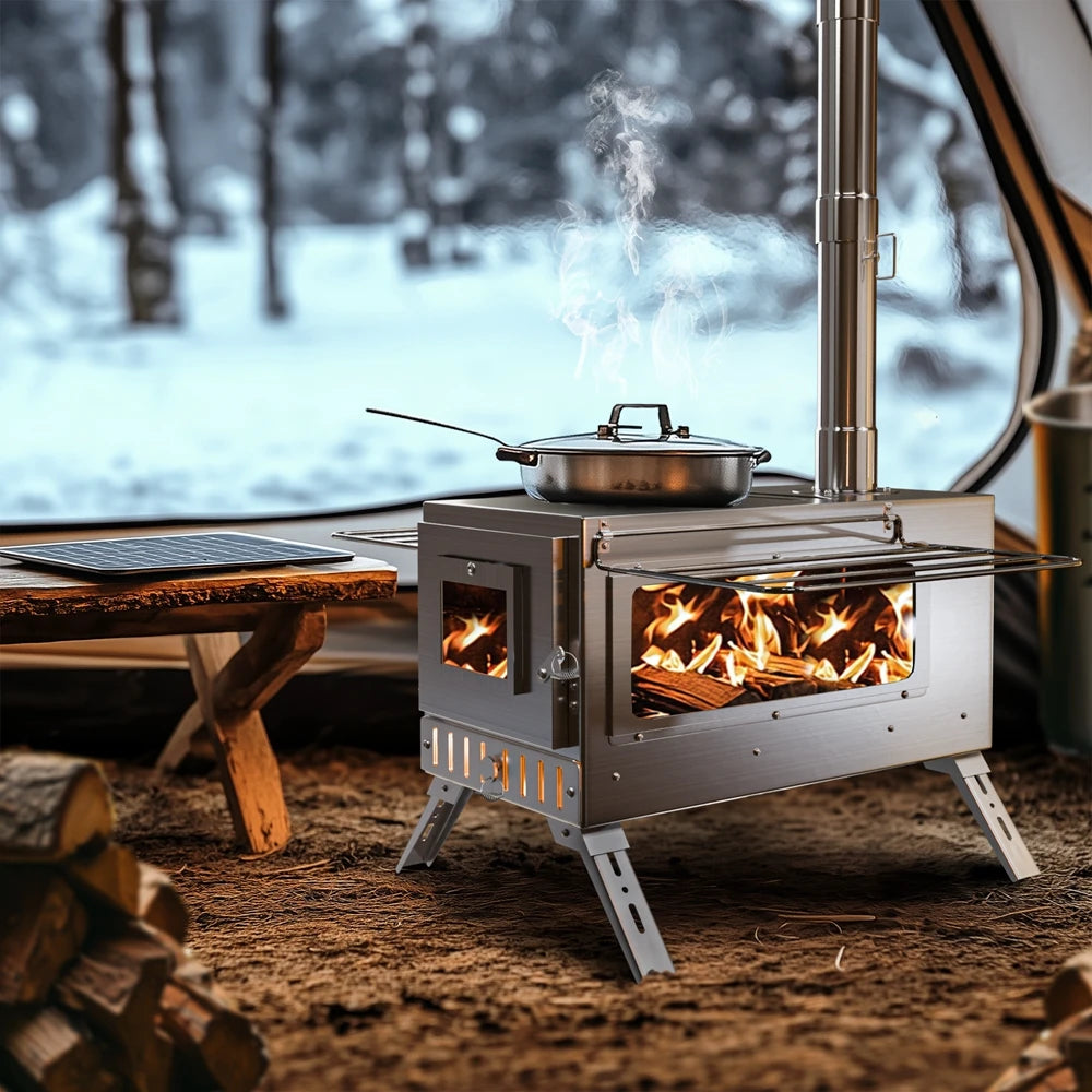 Portable Wood Burning Stainless Steel Stove with 7 Chimney Pipes