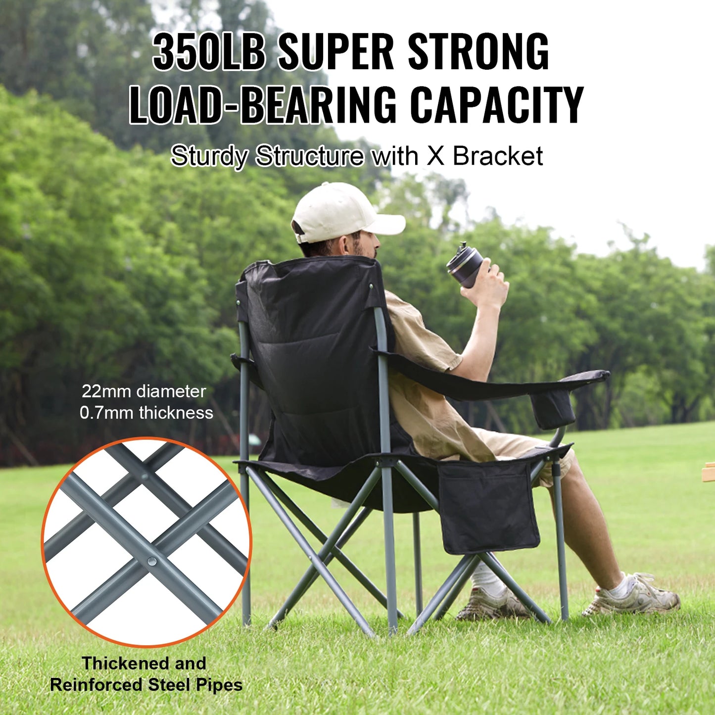 SucceBuy Camping Folding Chair for Adults With Quad Lumbar Back and Side Pockets for Beach, Lawn, Picnic