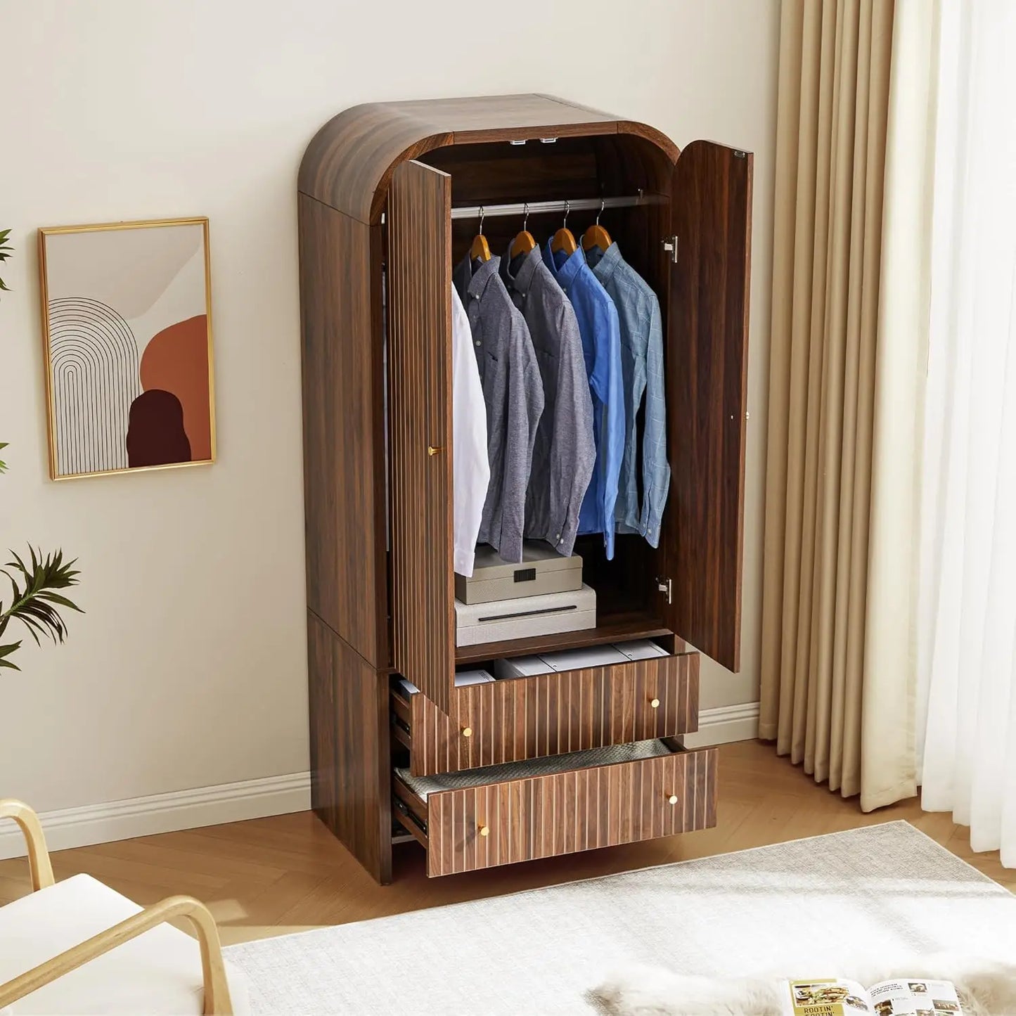 Mid-Century Modern 2-Door Freestanding Wardrobe with Hanging Rod and 2 Drawers