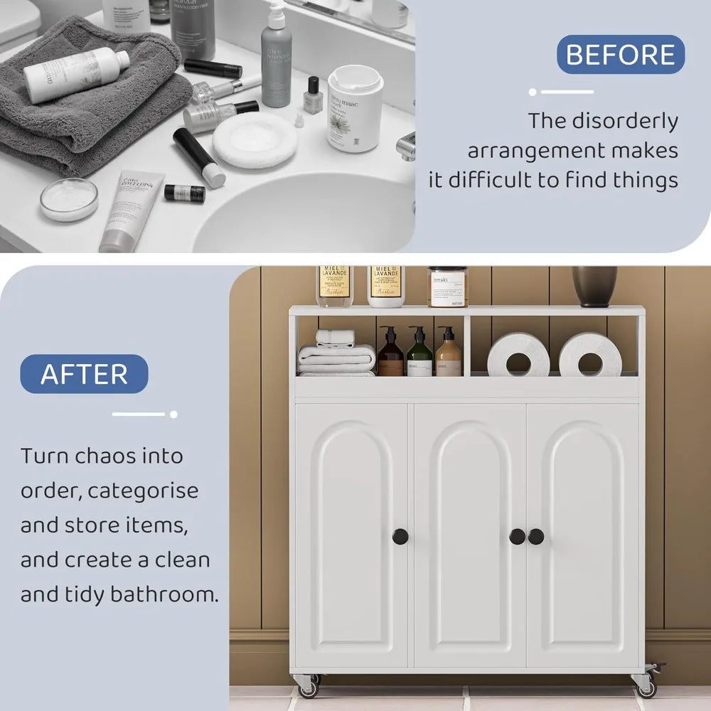 27.7 Inch Tall Rolling Bathroom Storage Cart with 3 Doors