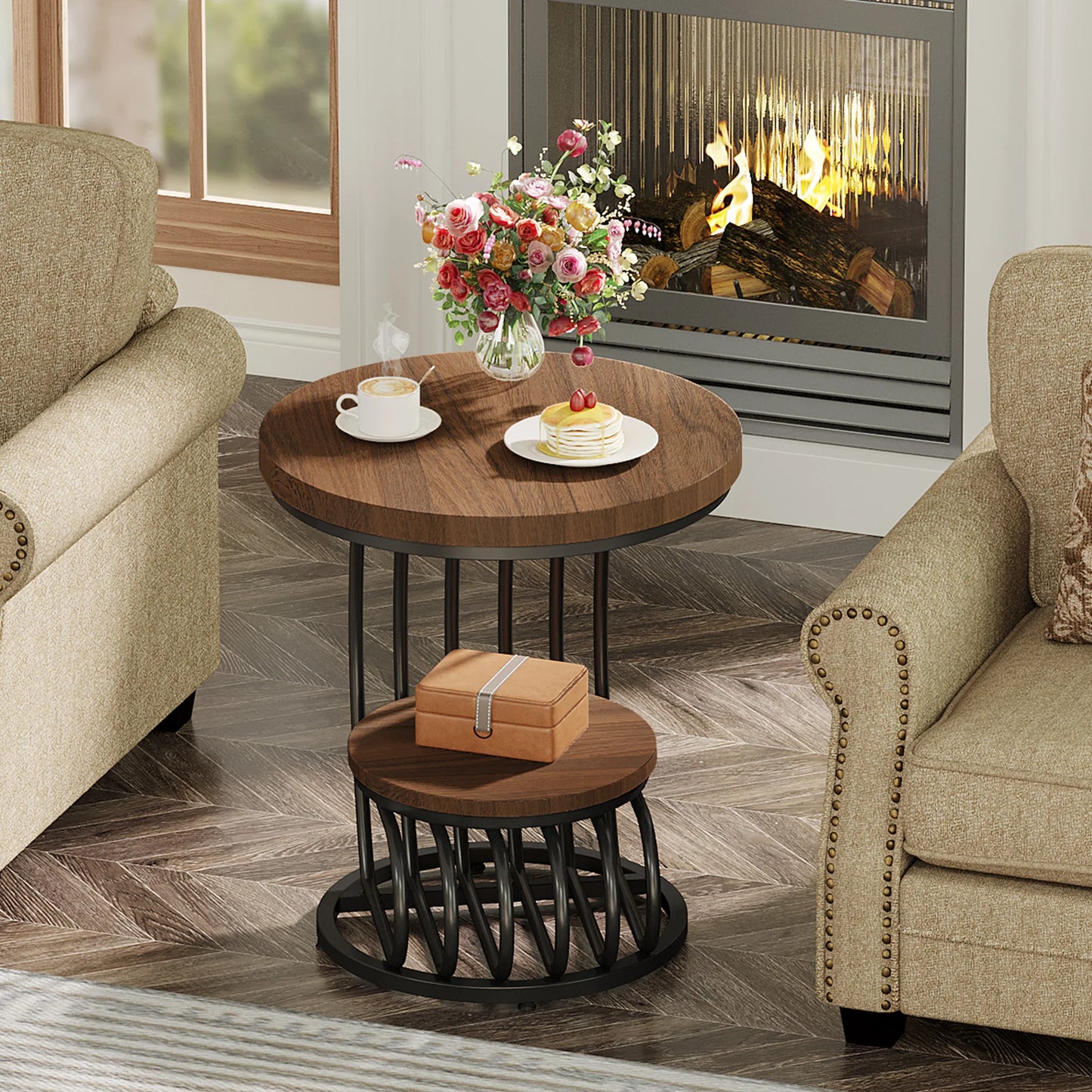 Tribesigns Gold Round End Table: 2 Tiers Faux Marble