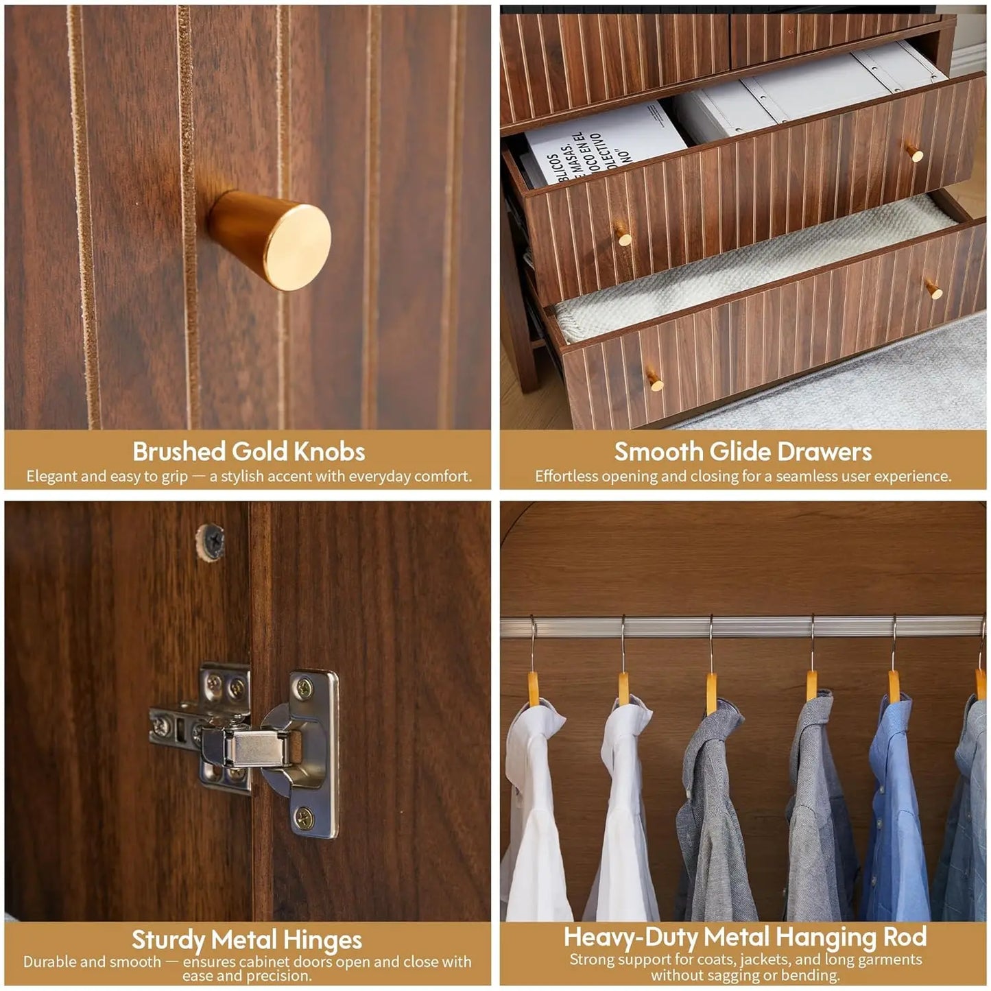 Mid-Century Modern 2-Door Freestanding Wardrobe with Hanging Rod and 2 Drawers