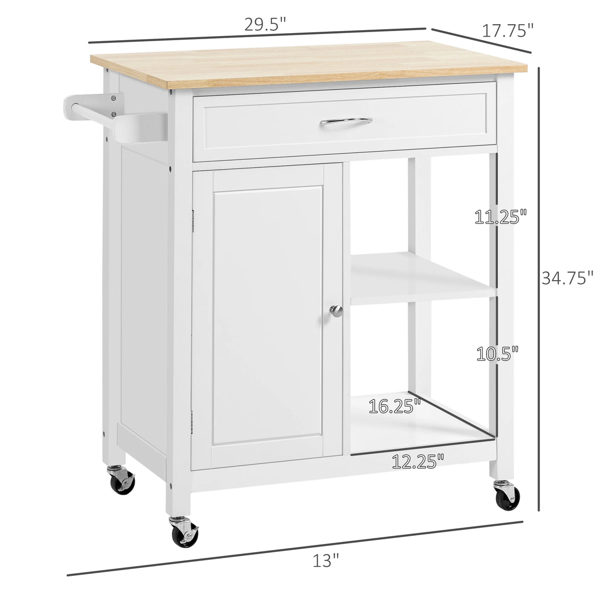 HOMCOM Rolling Kitchen Island Cart with Storage Shelf and Solid Wood Top