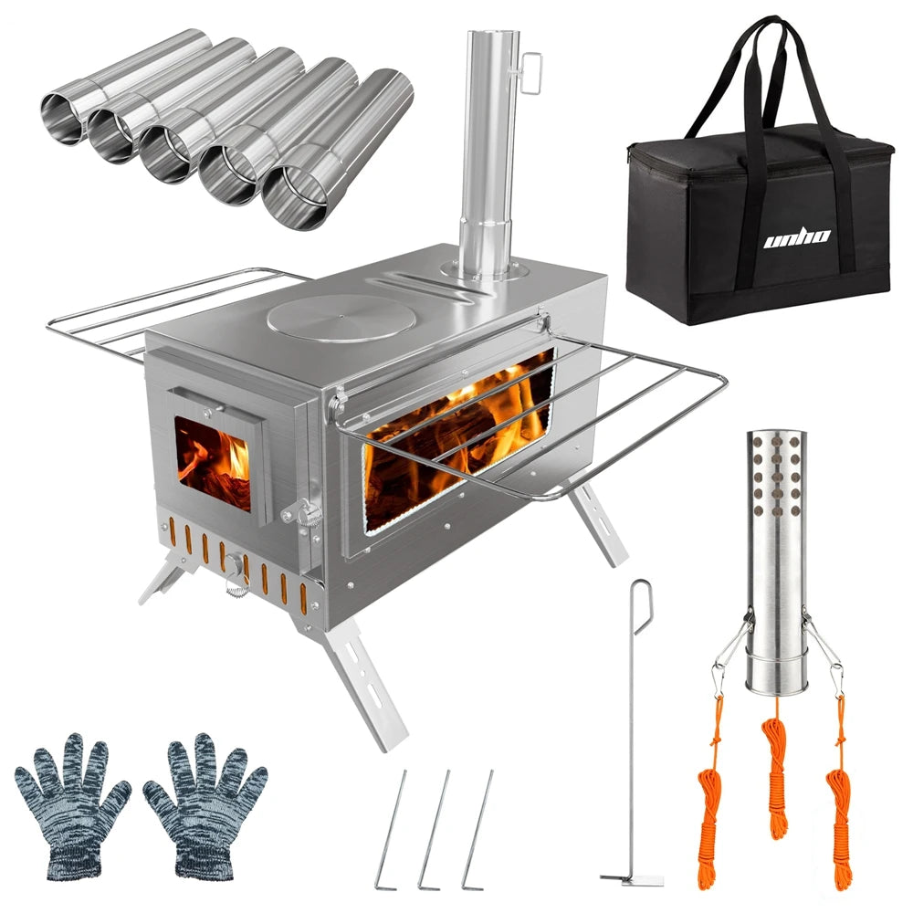 Portable Wood Burning Stainless Steel Stove with 7 Chimney Pipes