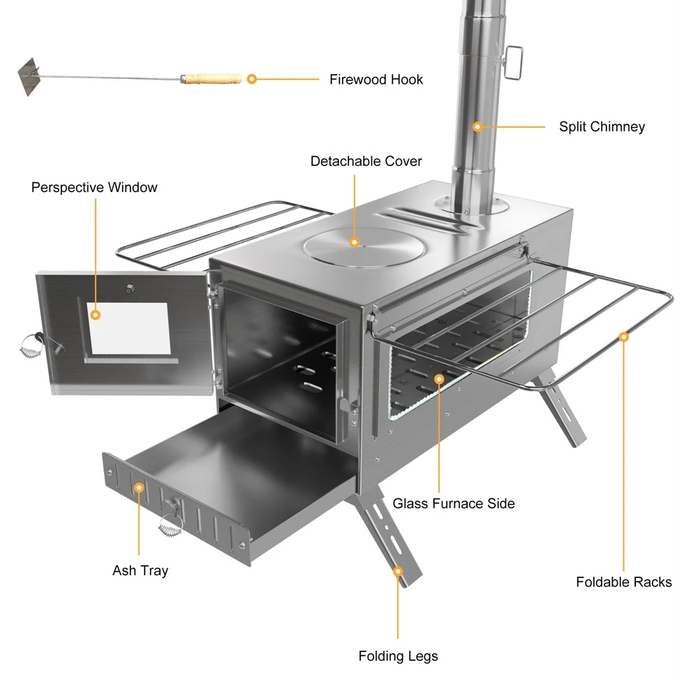 Portable Wood Burning Stainless Steel Stove with 7 Chimney Pipes