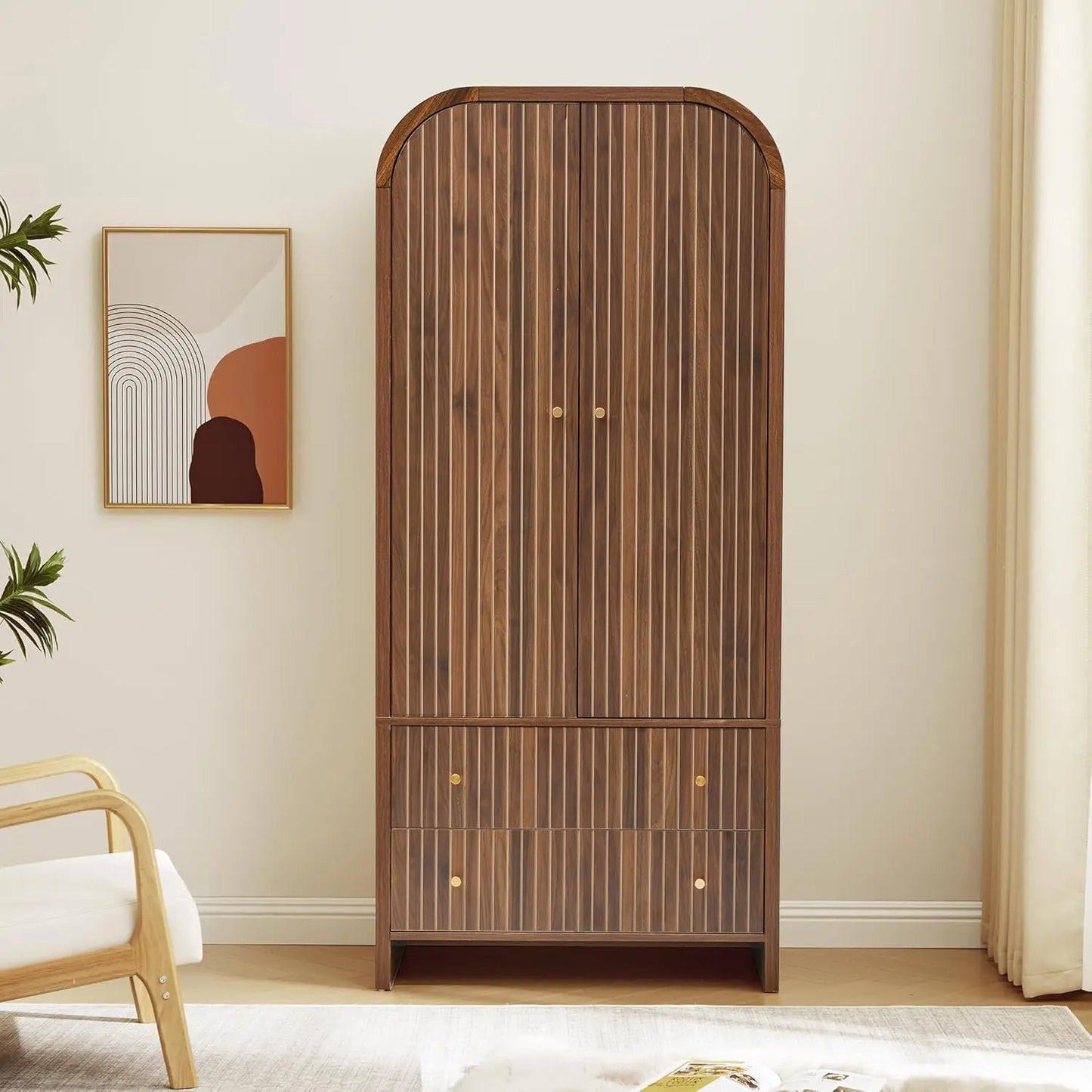 Mid-Century Modern 2-Door Freestanding Wardrobe with Hanging Rod and 2 Drawers