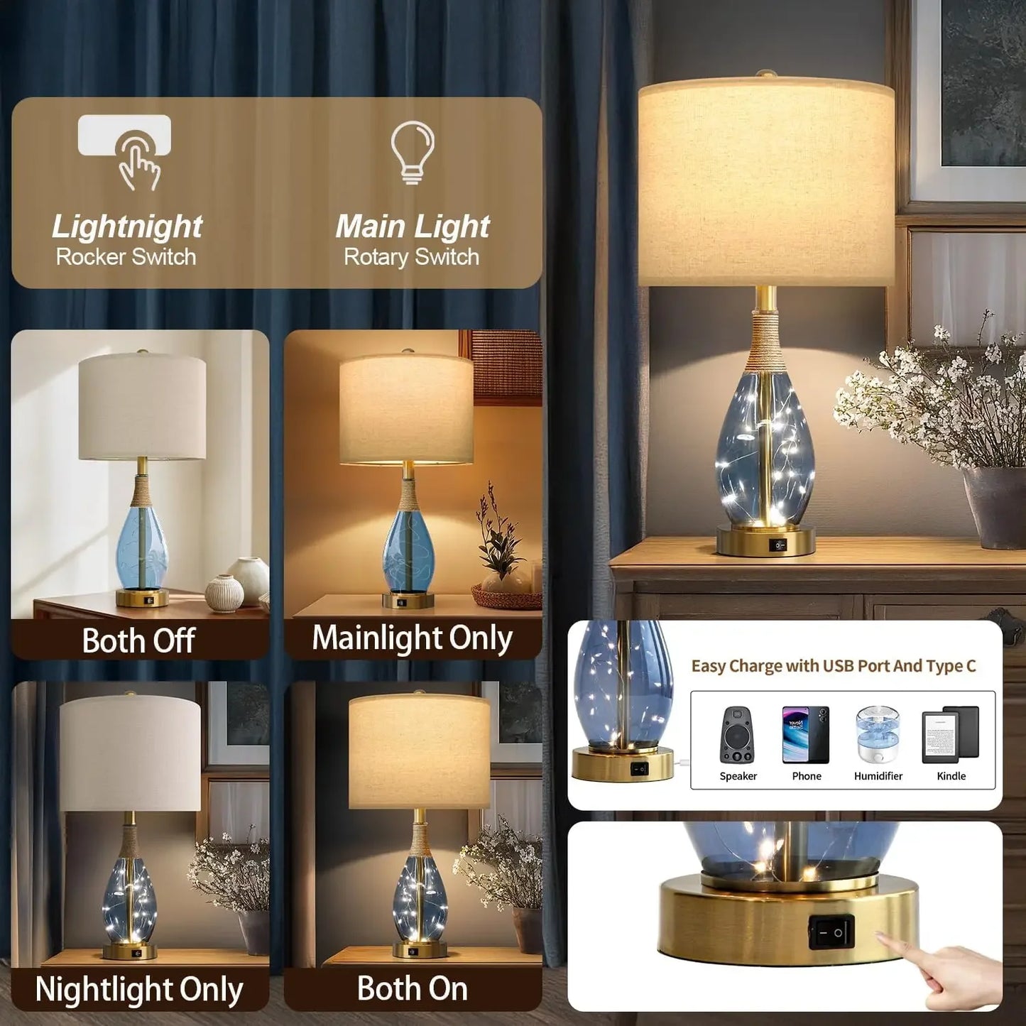 OYEARS 23" Set Of 2 Bedside Lamps