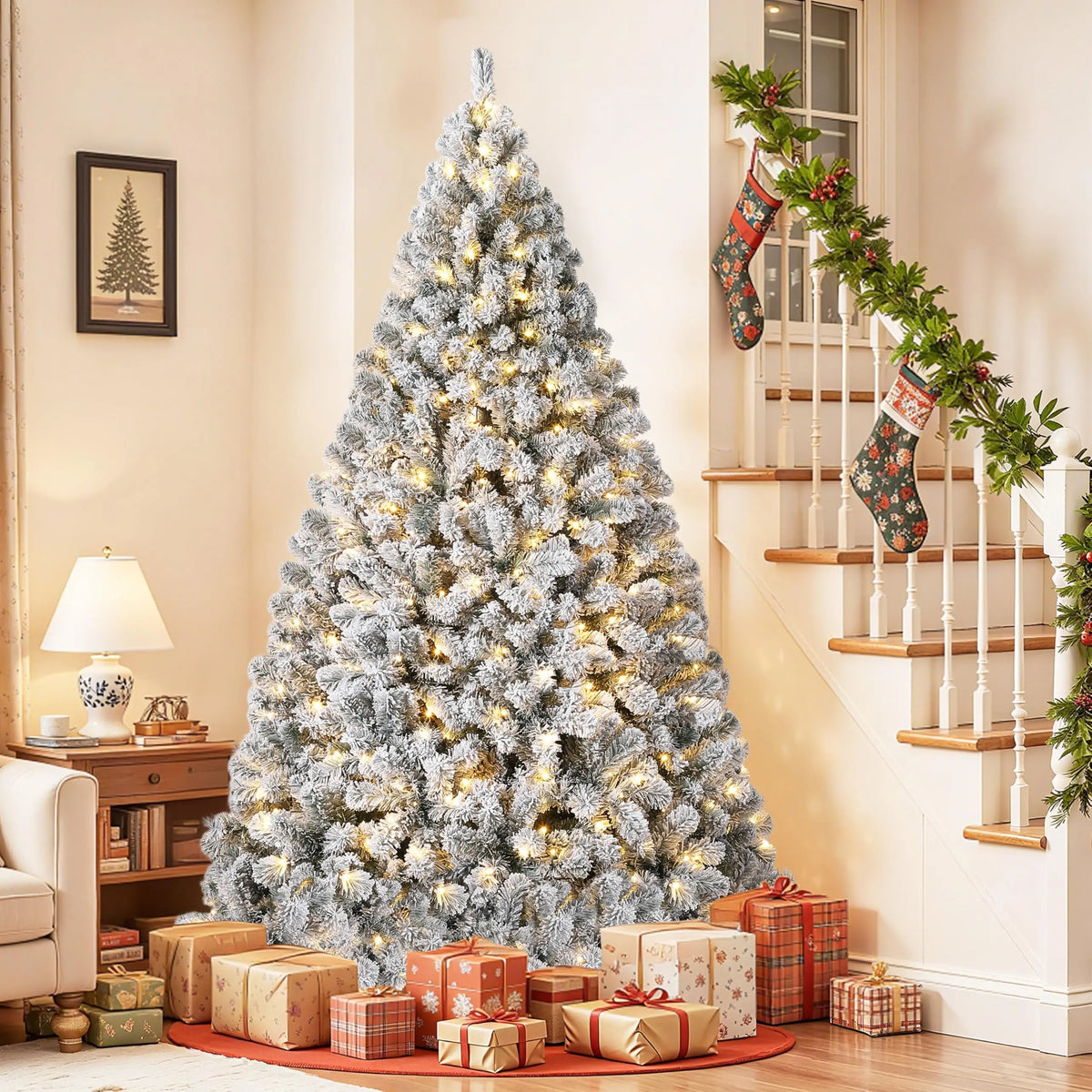 6FT Or 7.5FT Flocked Artificial Christmas Tree with Snowy Warm White LED Lights
