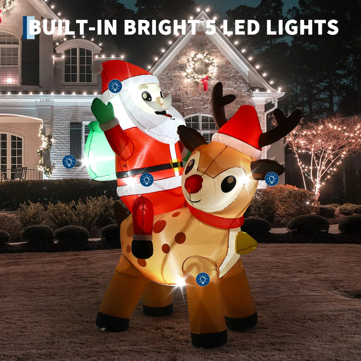 7FT Giant Santa Claus Riding Reindeer with Built-in Bright LED Lights Self Inflating
