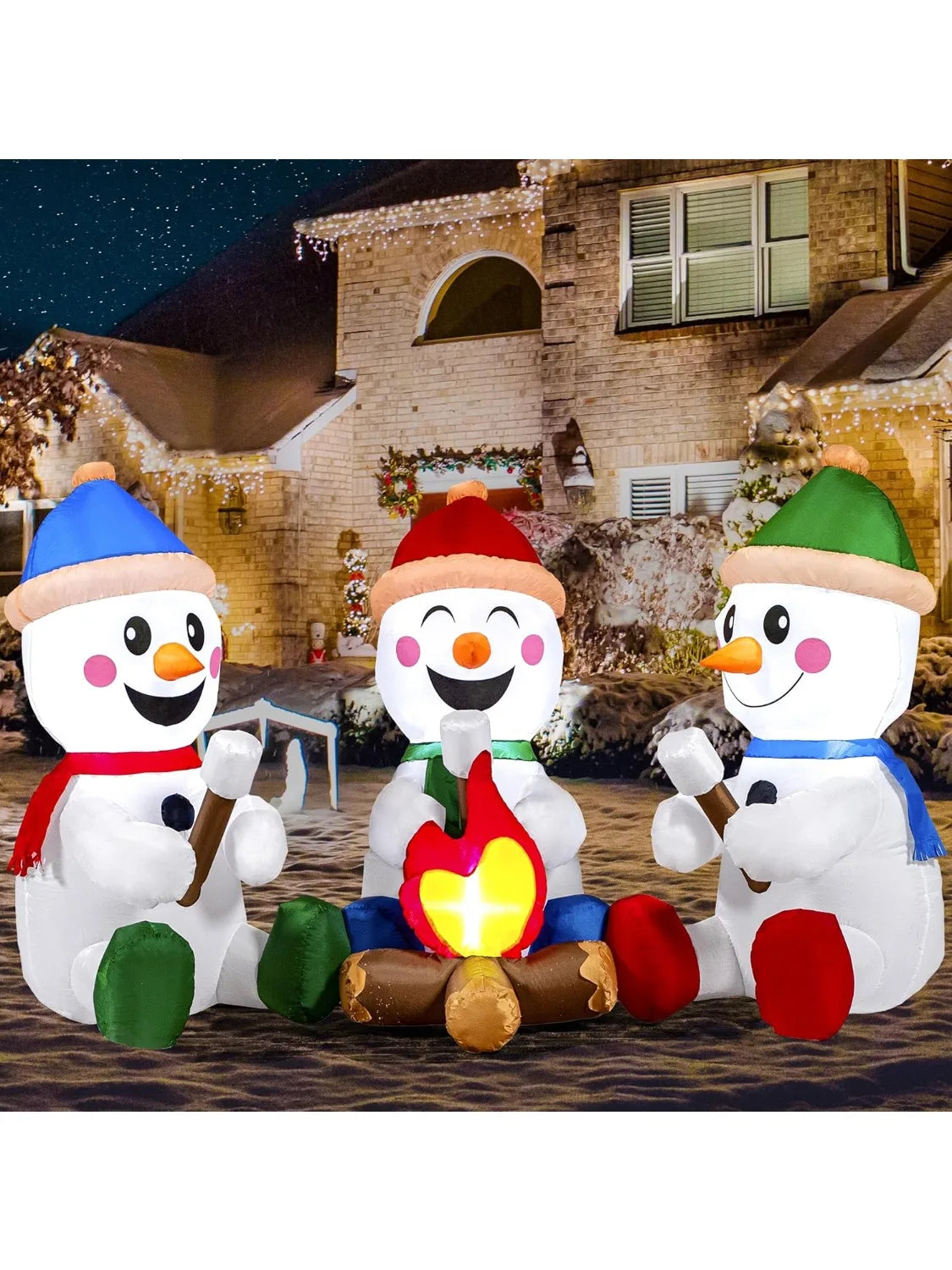 6 FT Long Christmas Inflatable Snowmen with Campfire with Built-in LEDs