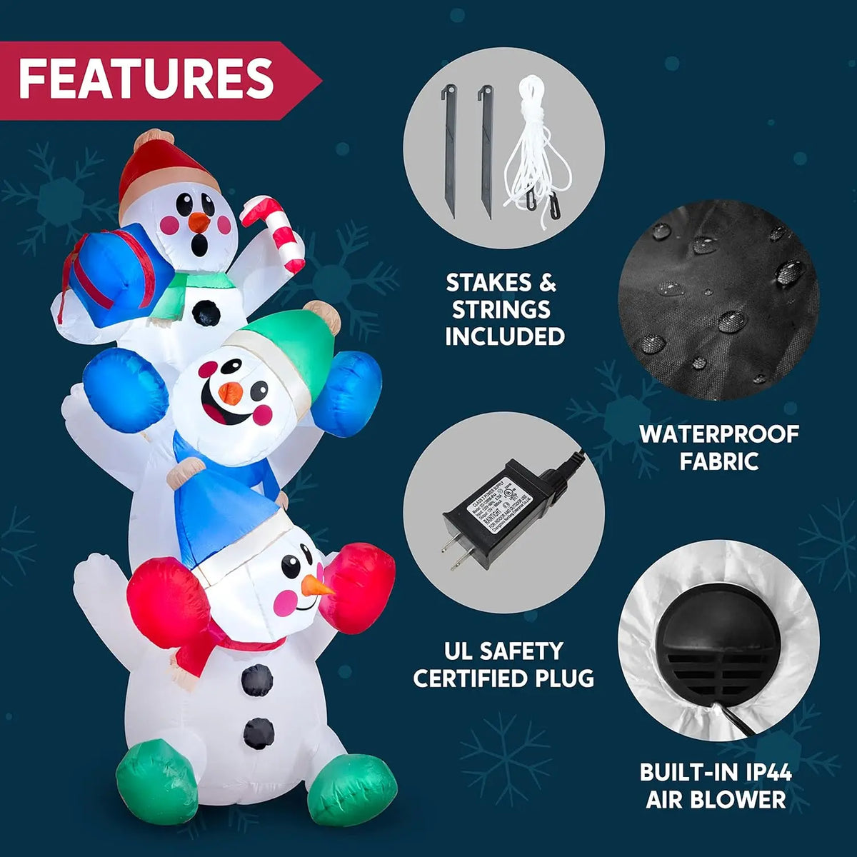 6 FT Christmas Inflatable Decoration Stacked Snowman with Build-in LEDs