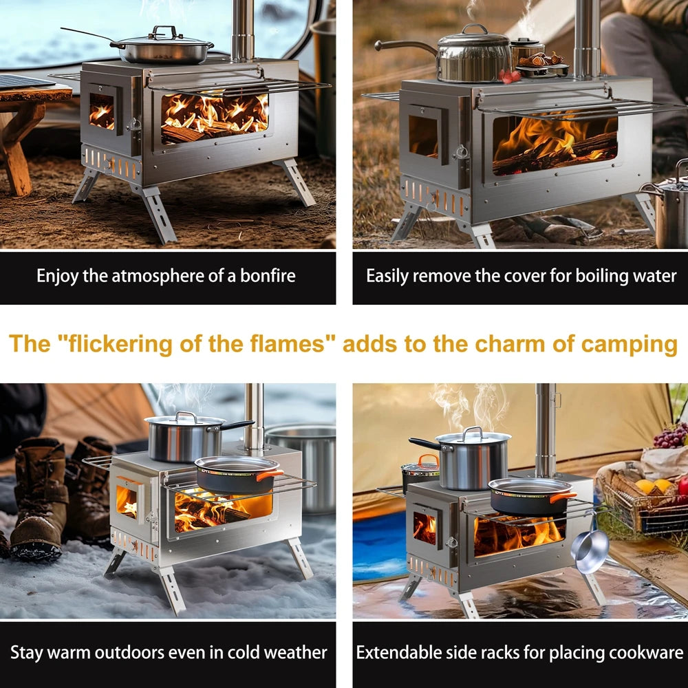 Portable Wood Burning Stainless Steel Stove with 7 Chimney Pipes