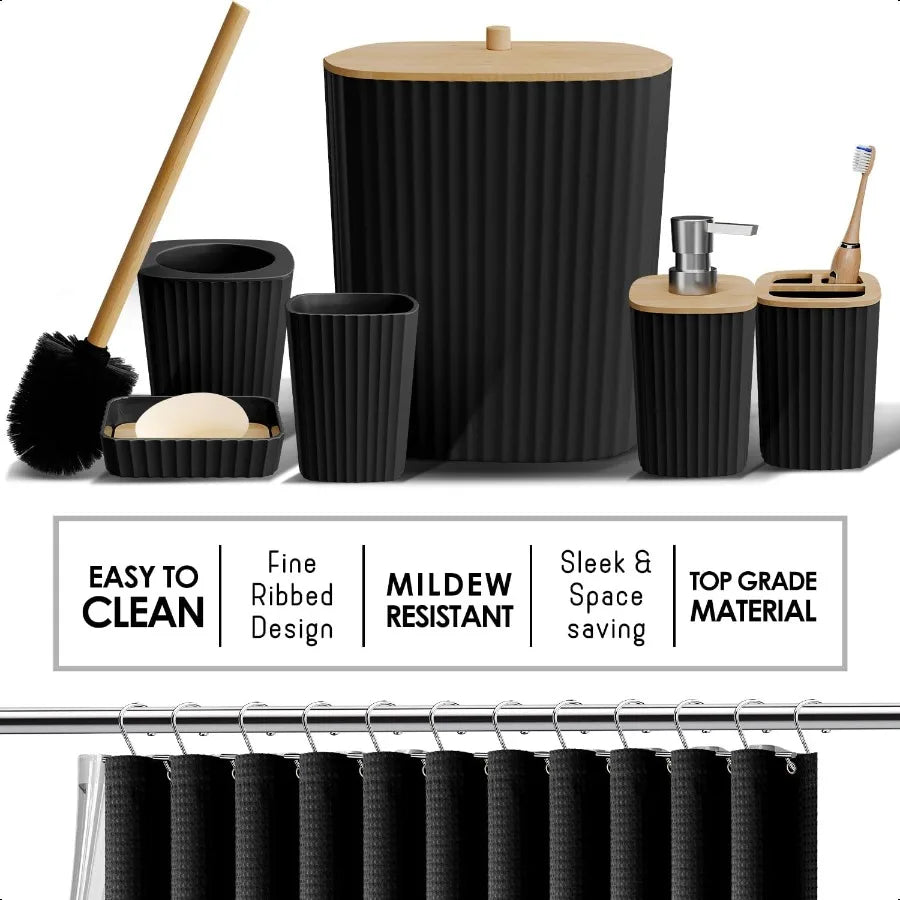 20 Piece Bathroom Shower Curtain and Accessories Set Black