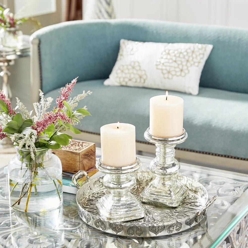 Silver Glass Handmade Pillar Candle Holder Set of 2