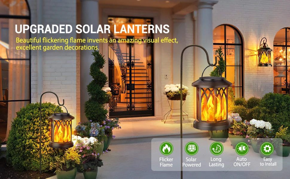 2 Pack Flickering Flame Solar Lanterns for Garden and Patio