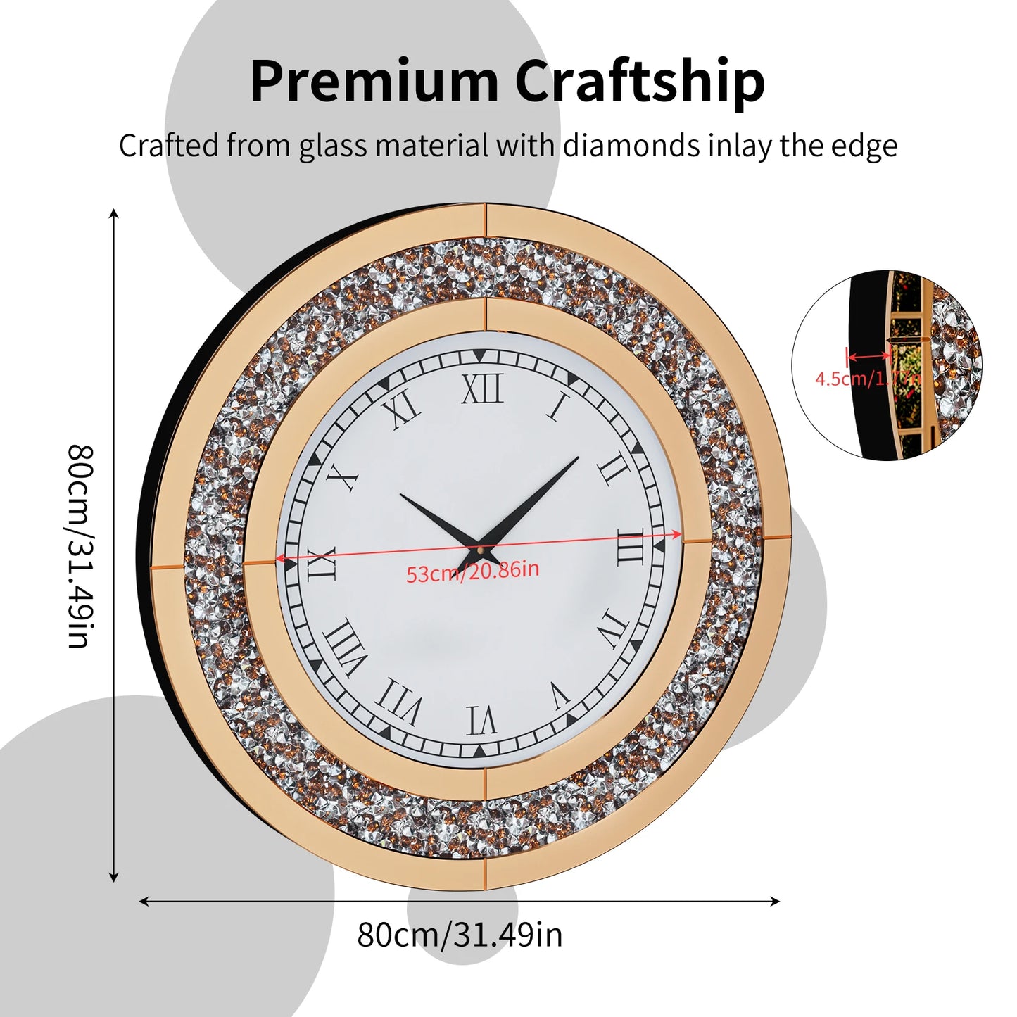 23.62 or 31.49 Inch Bling Silver Shining Mirrored Wall Clock