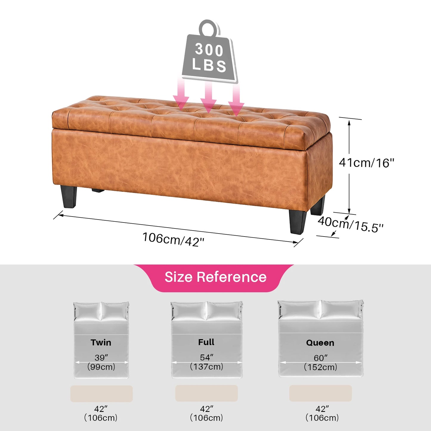 Redlife 15.5 x 42 x 16 inch Storage Ottoman