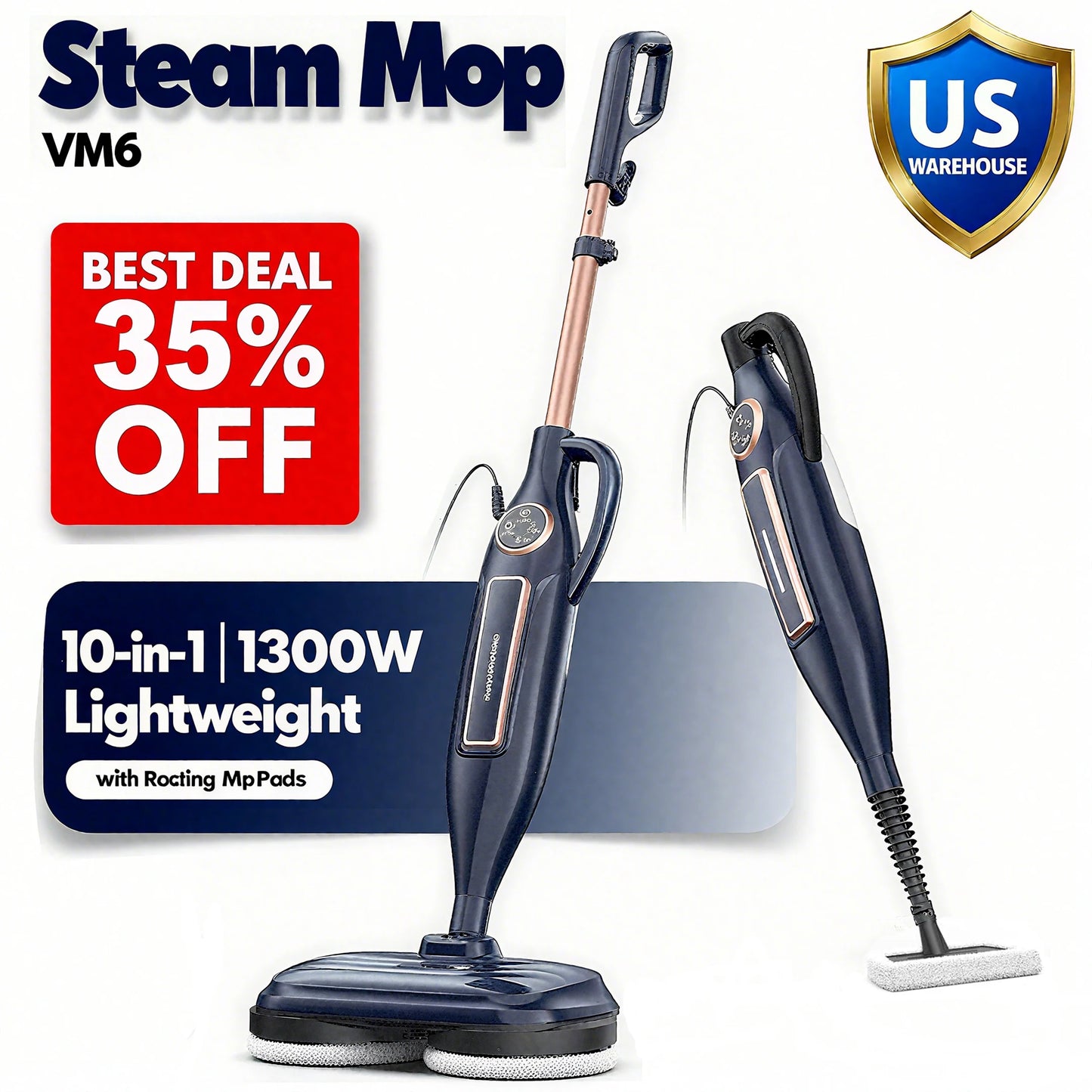 1300W Steam Mop Cleaner with Rotating Mop Pad