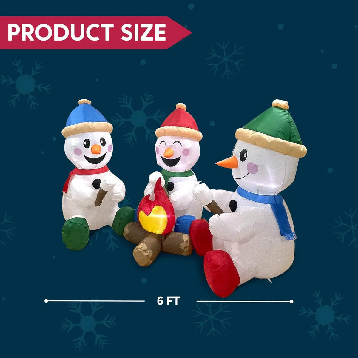 6 FT Long Christmas Inflatable Snowmen with Campfire with Built-in LEDs