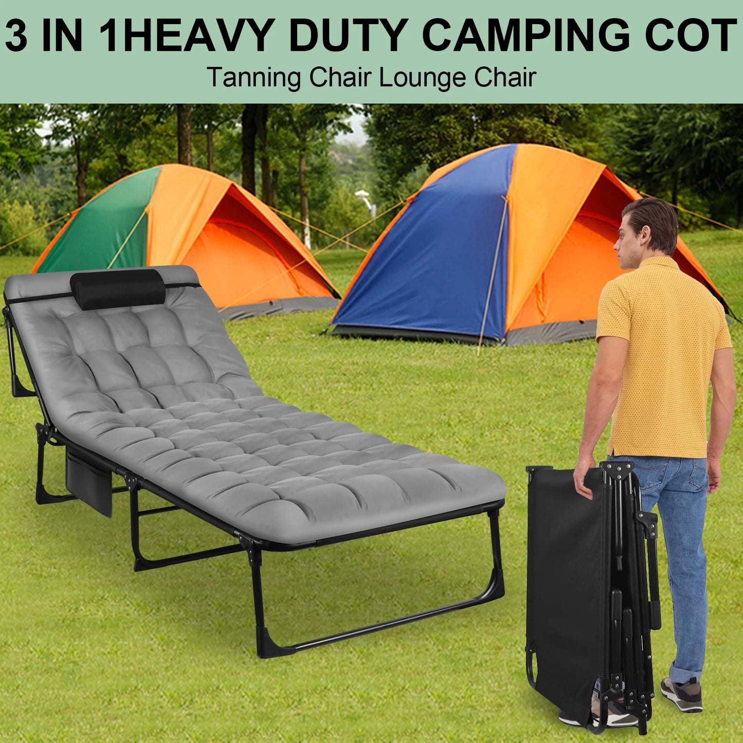 3 Position Portable Folding Camping Cot With Pillow 26.7 Inches Wide 74 Inches Long