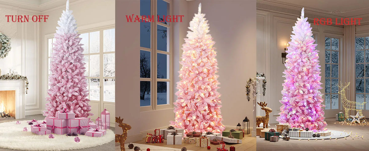 6ft or 7ft Pre-Lit Rose Gold Christmas Tree – Artificial Slim Pencil Tree with Realistic Branch Tips