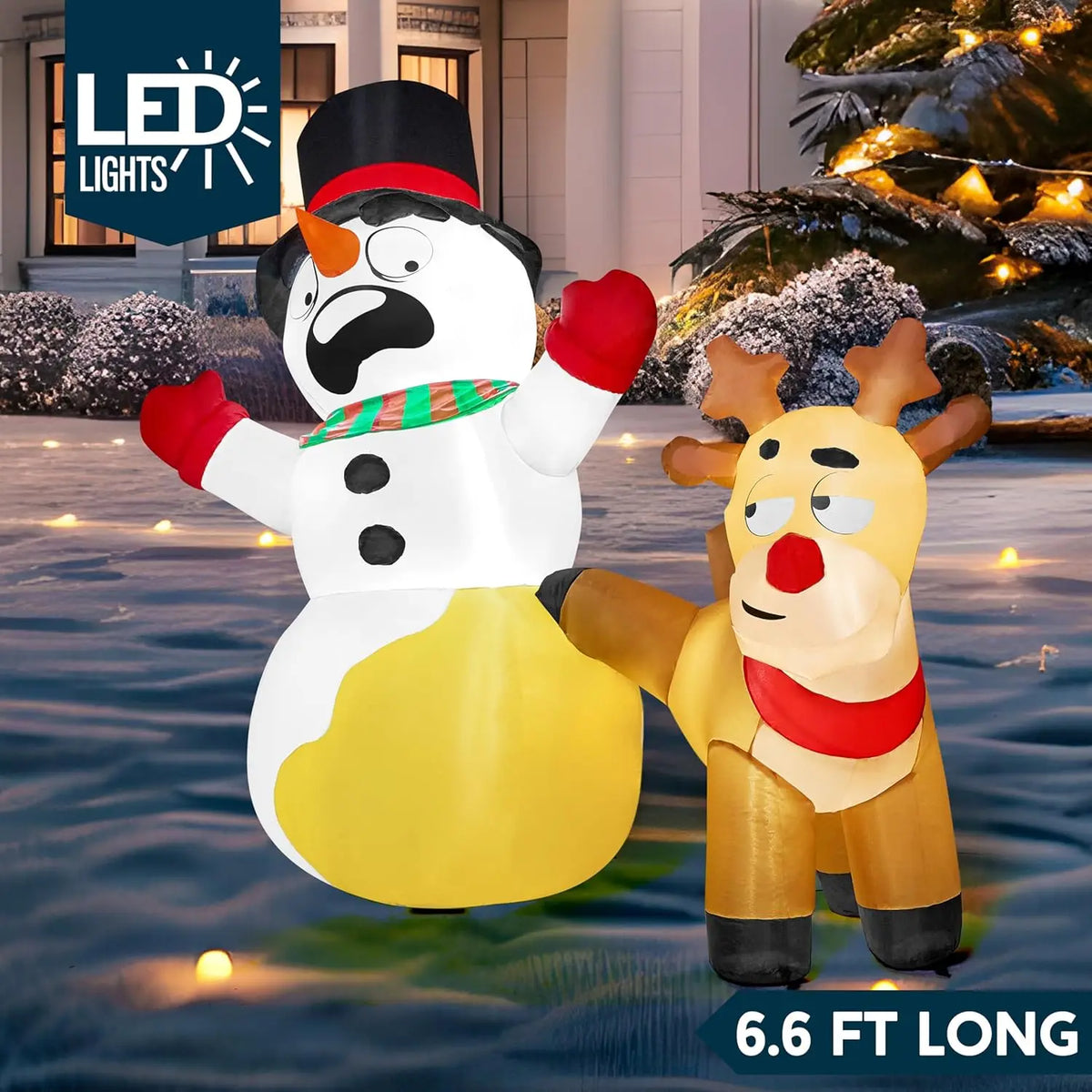 6.6 FT Long Christmas Inflatable Decoration Reindeer Peeing on Snowman with Build-in LED