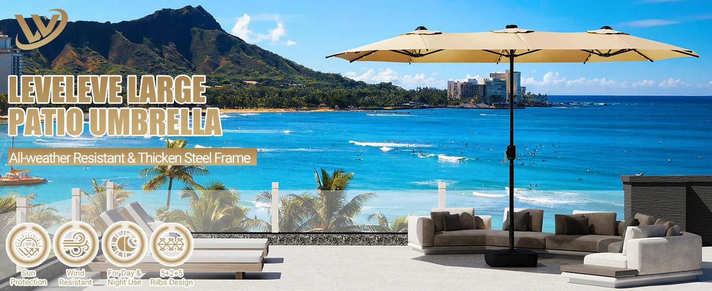 LEVELEVE 15 Foot Large Patio Patio Umbrella with Base & Solar LED Lights