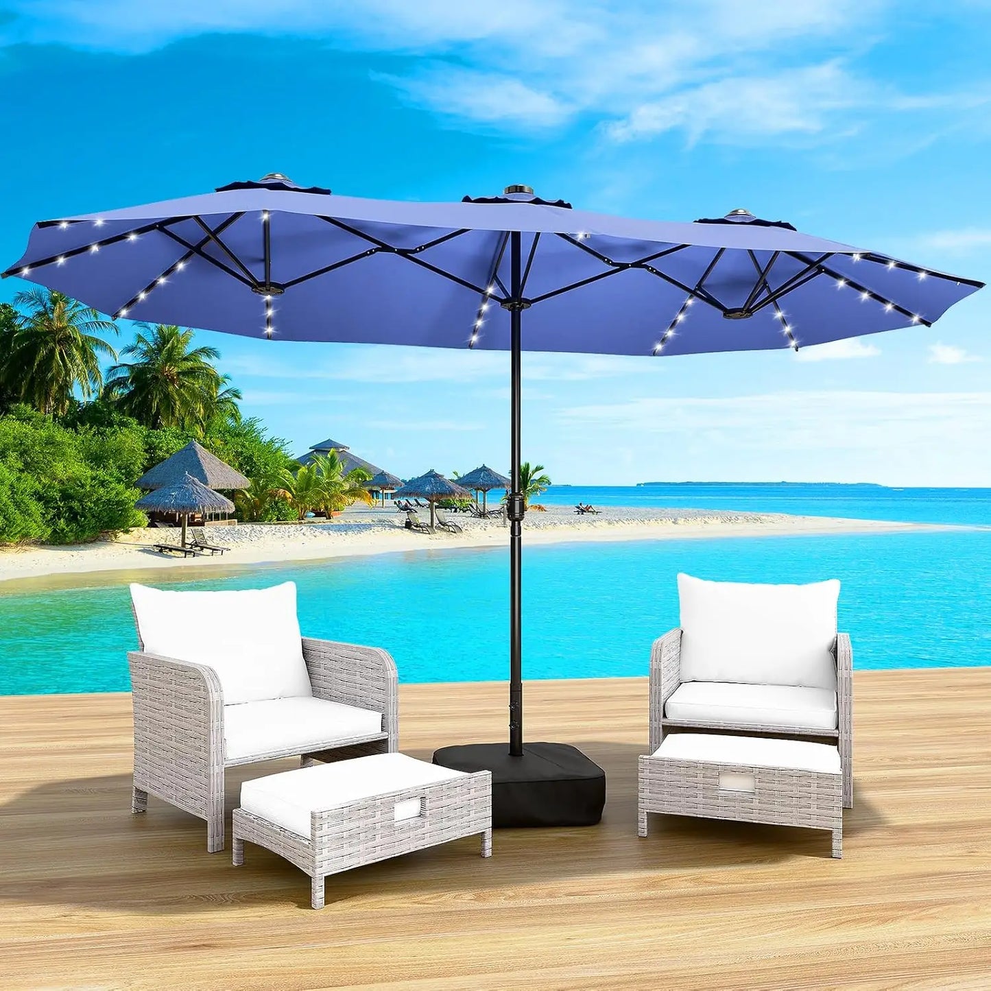 LEVELEVE 15 Foot Large Patio Patio Umbrella with Base & Solar LED Lights