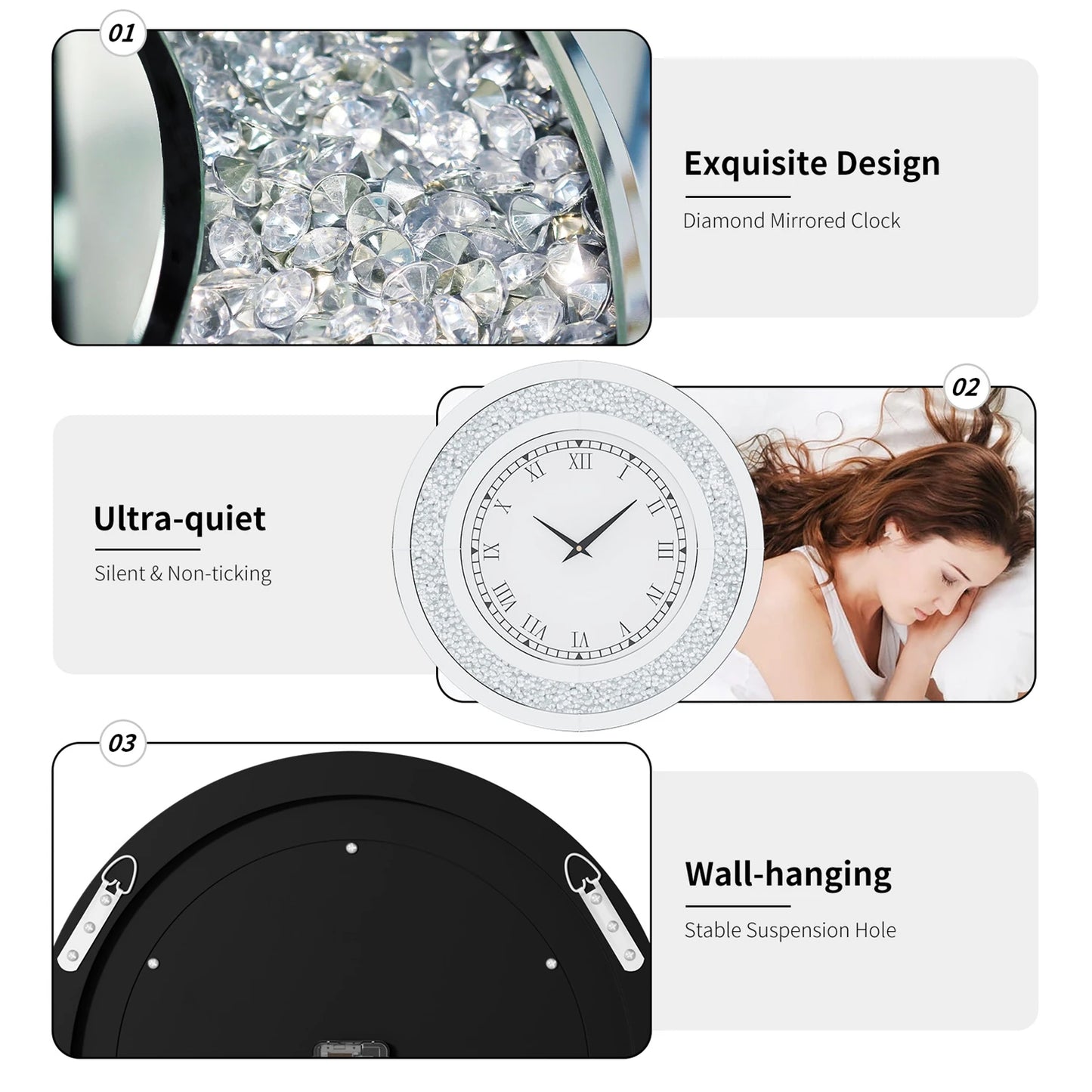 23.62 or 31.49 Inch Bling Silver Shining Mirrored Wall Clock