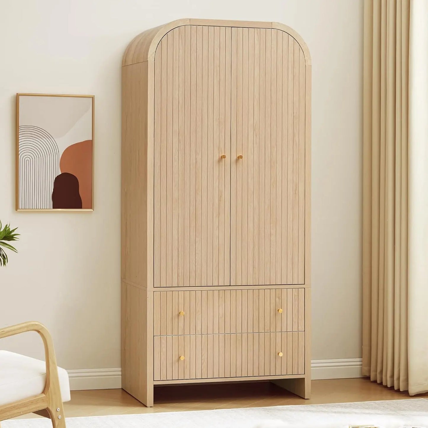 Mid-Century Modern 2-Door Freestanding Wardrobe with Hanging Rod and 2 Drawers
