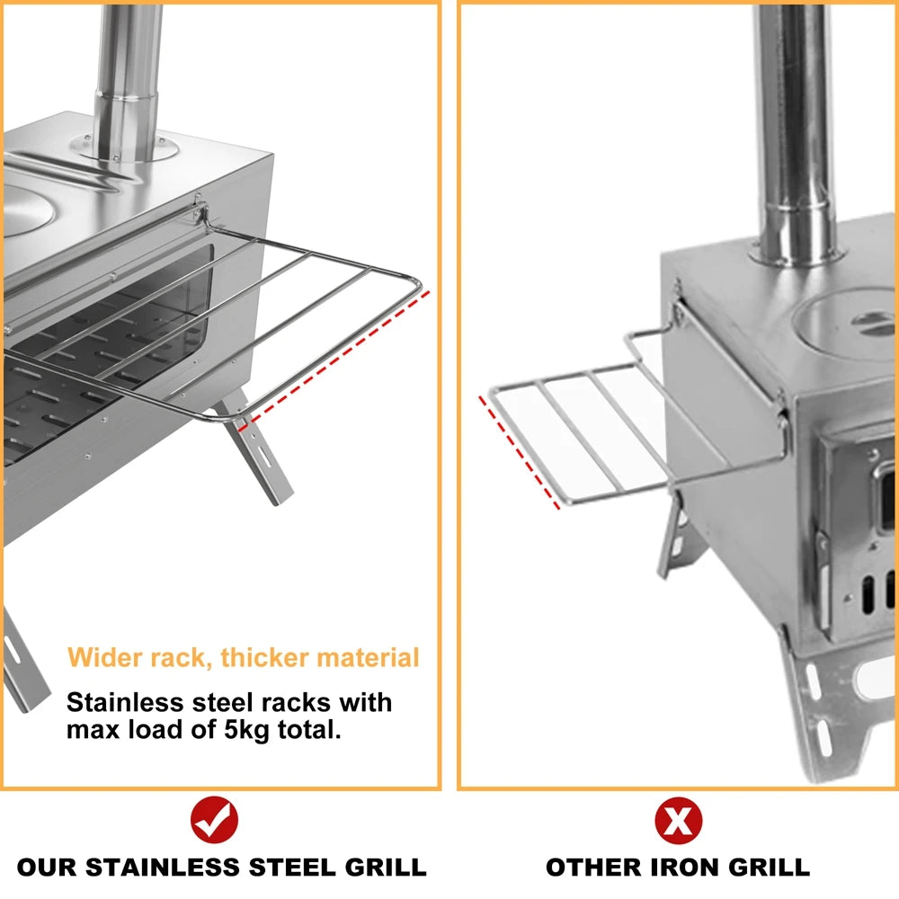 Portable Wood Burning Stainless Steel Stove with 7 Chimney Pipes