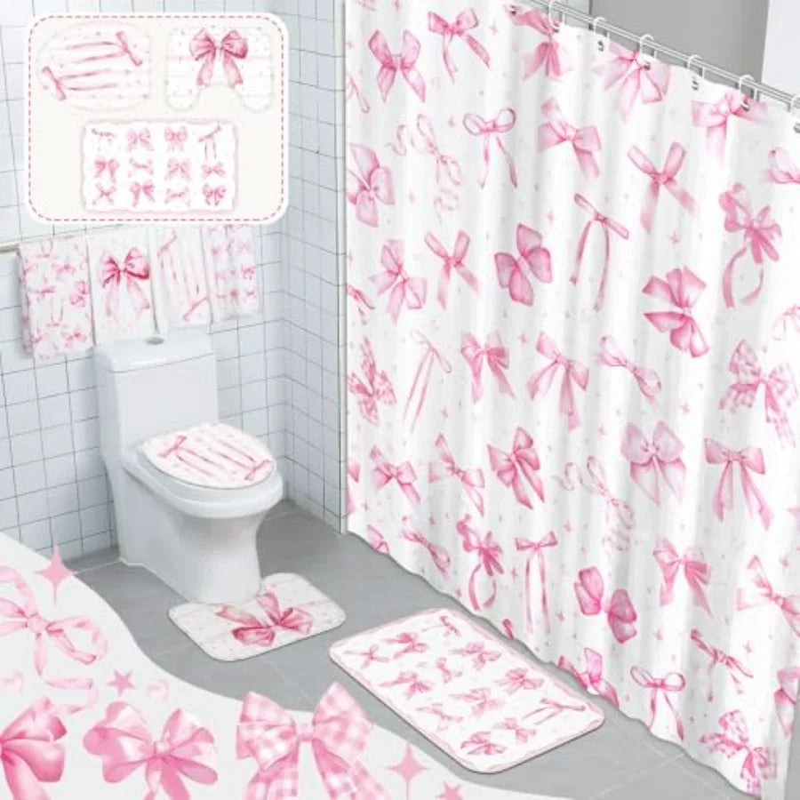 8 Pcs Pink Bow Shower Curtain Set for Girls Bathroom