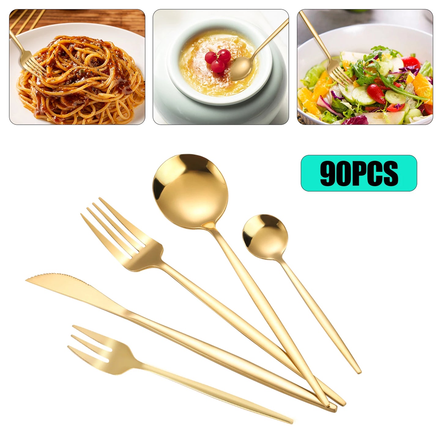 90Pcs Gold Stainless Steel Silverware