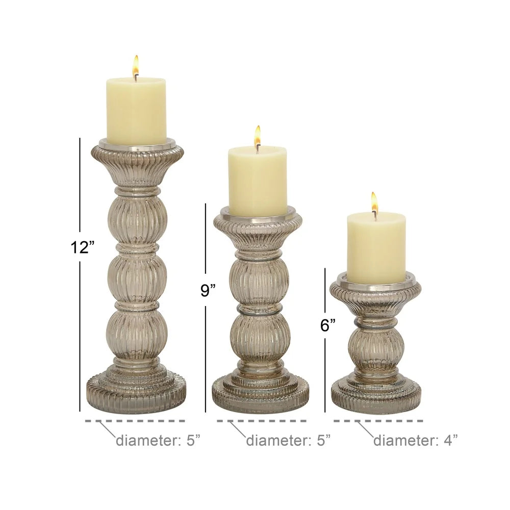 Set of 3 Gray Glass Pillar Candle Holders