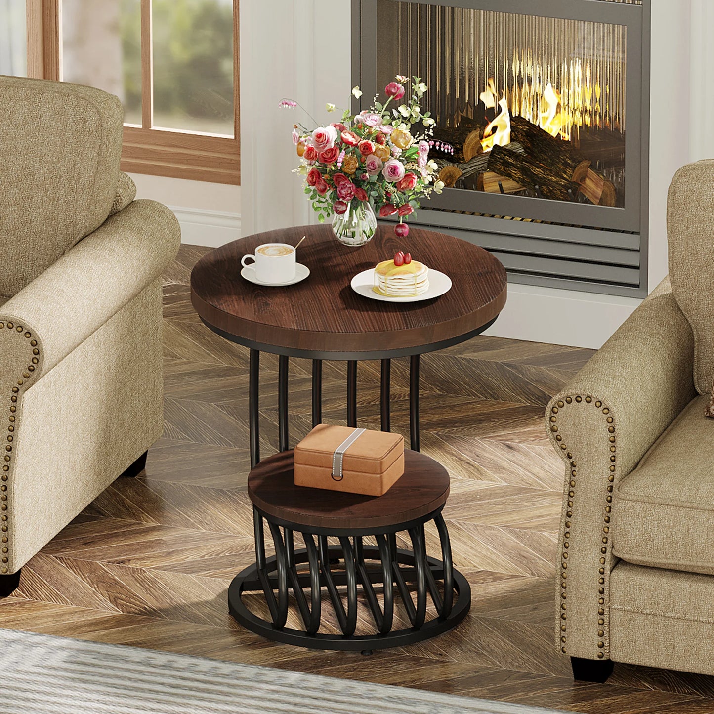 Tribesigns Gold Round End Table: 2 Tiers Faux Marble