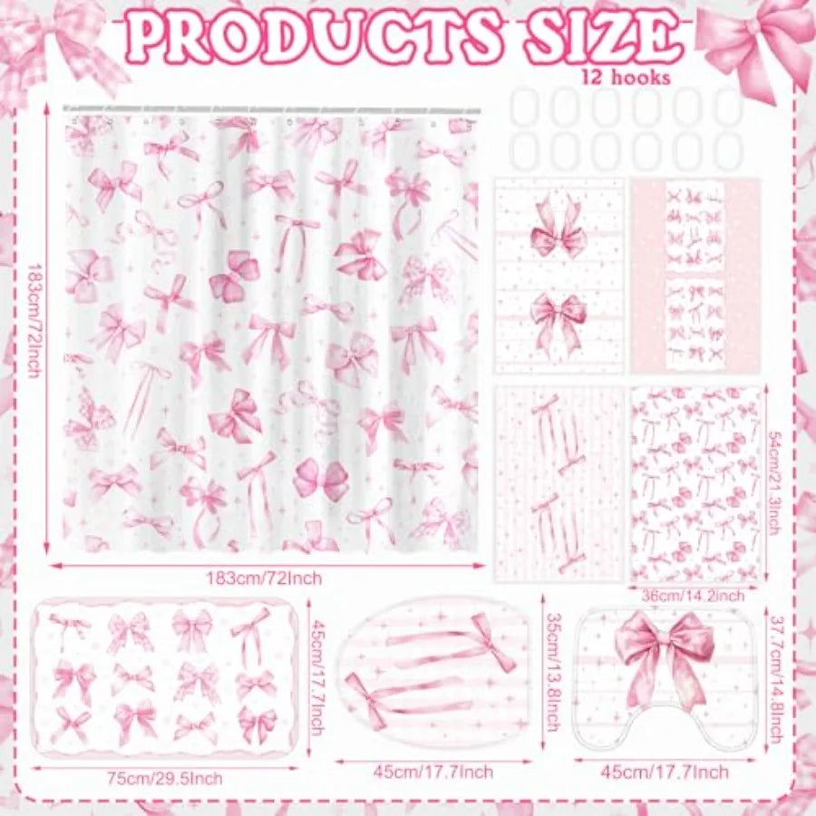 8 Pcs Pink Bow Shower Curtain Set for Girls Bathroom
