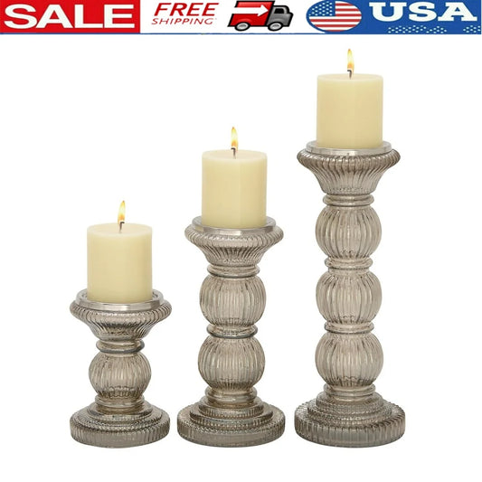 Set of 3 Gray Glass Pillar Candle Holders
