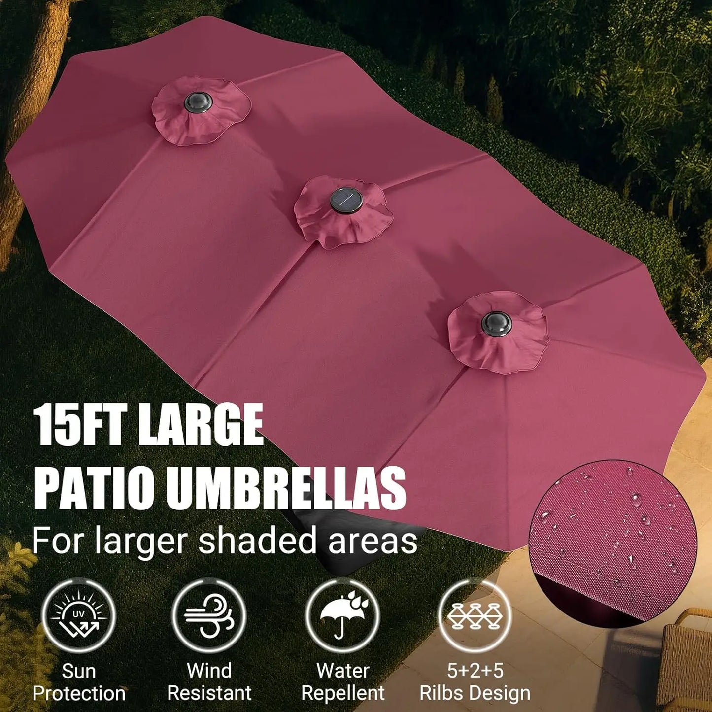 LEVELEVE 15 Foot Large Patio Patio Umbrella with Base & Solar LED Lights