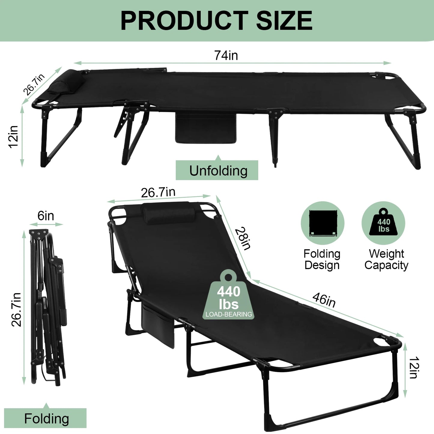 3 Position Portable Folding Camping Cot With Pillow 26.7 Inches Wide 74 Inches Long