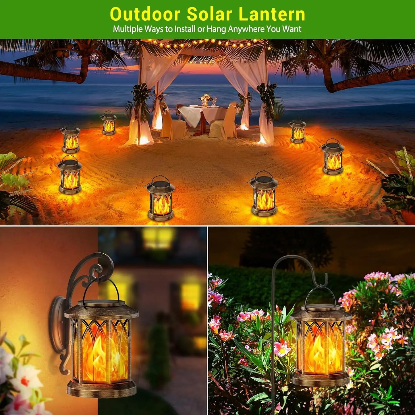 2 Pack Flickering Flame Solar Lanterns for Garden and Patio