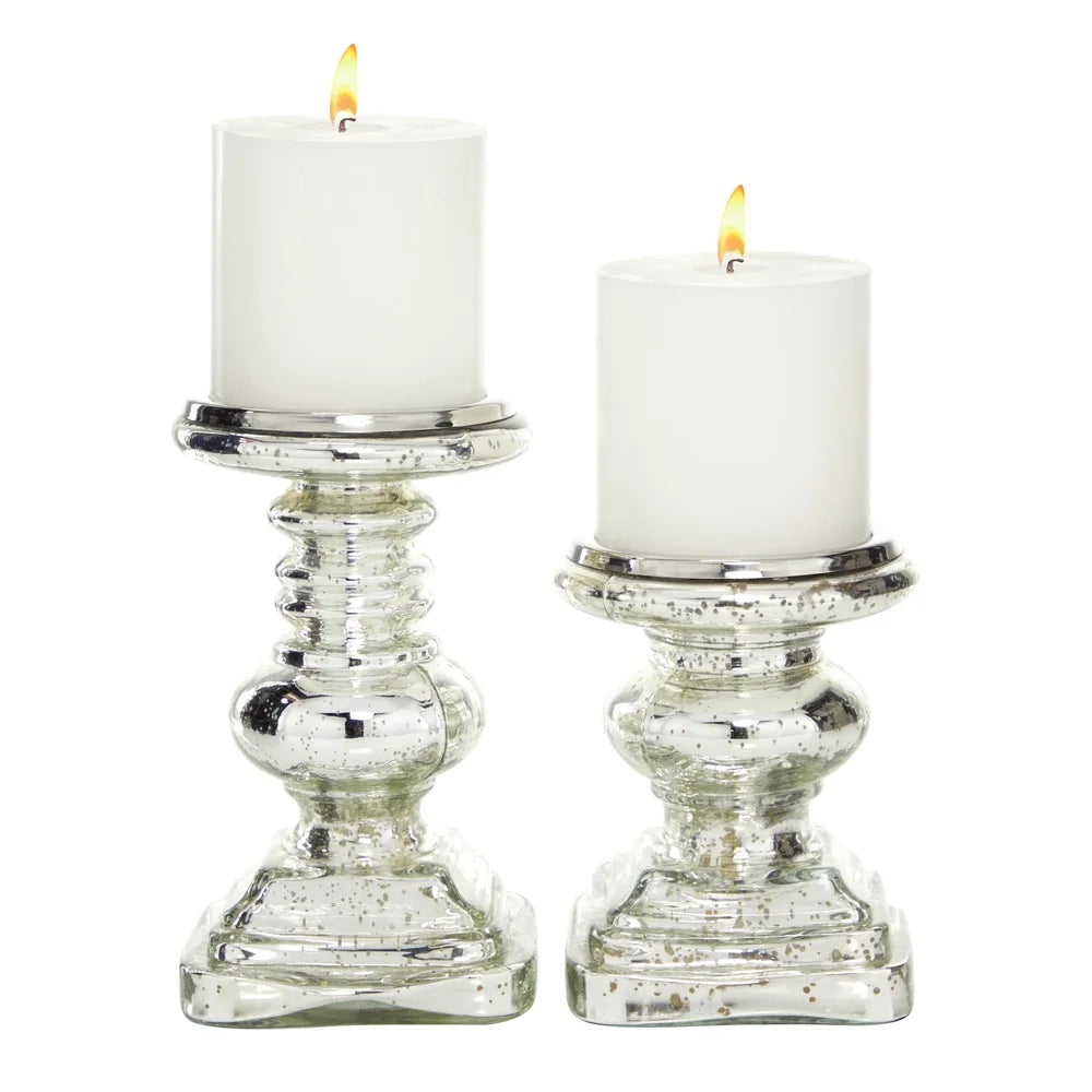 Silver Glass Handmade Pillar Candle Holder Set of 2