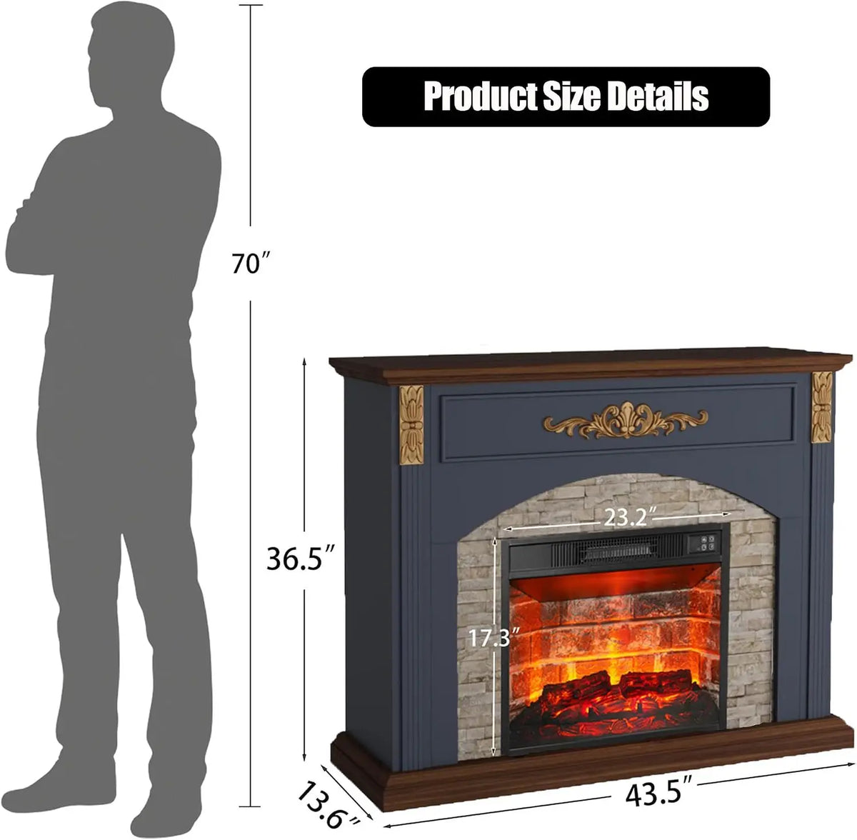44in Electric Fireplace with Mantel, Stacked Stone