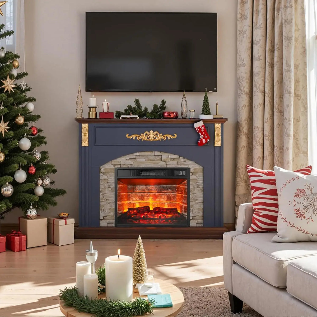 44in Electric Fireplace with Mantel, Stacked Stone