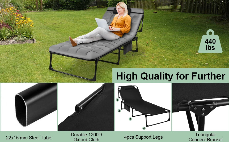 3 Position Portable Folding Camping Cot With Pillow 26.7 Inches Wide 74 Inches Long