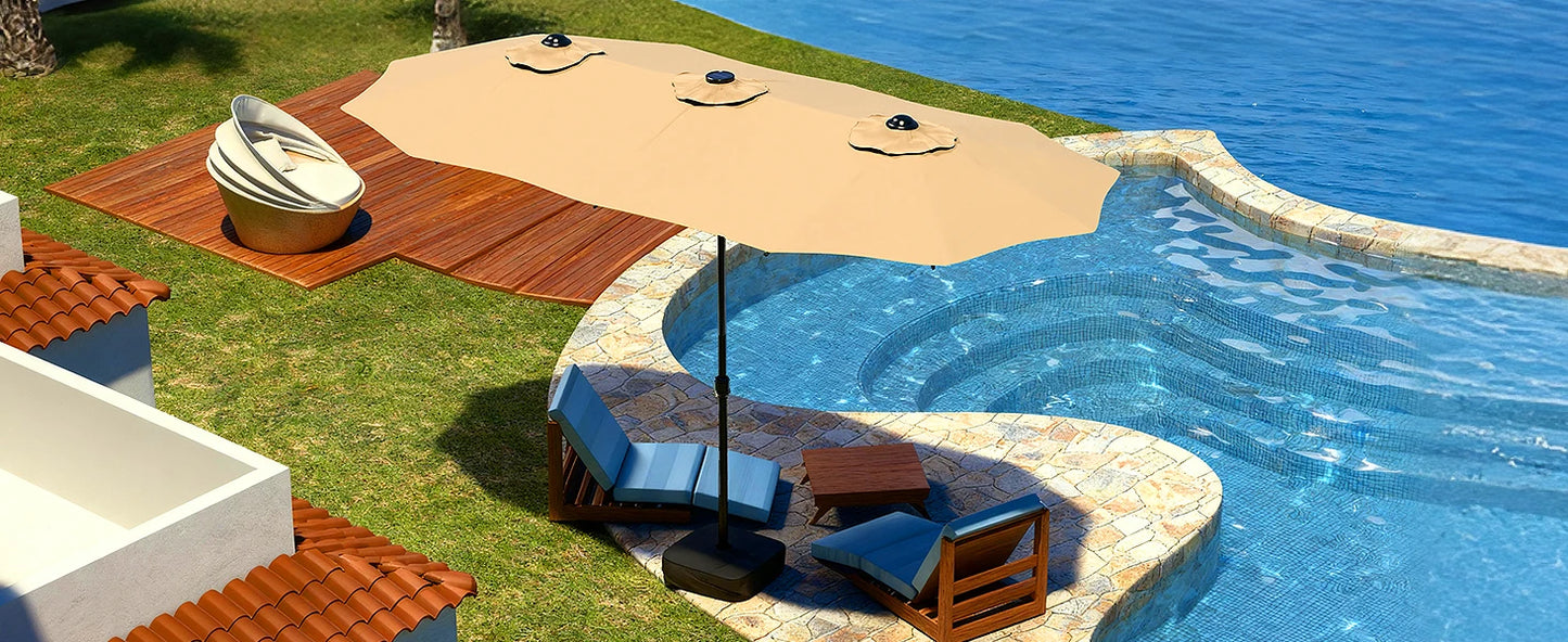 LEVELEVE 15 Foot Large Patio Patio Umbrella with Base & Solar LED Lights