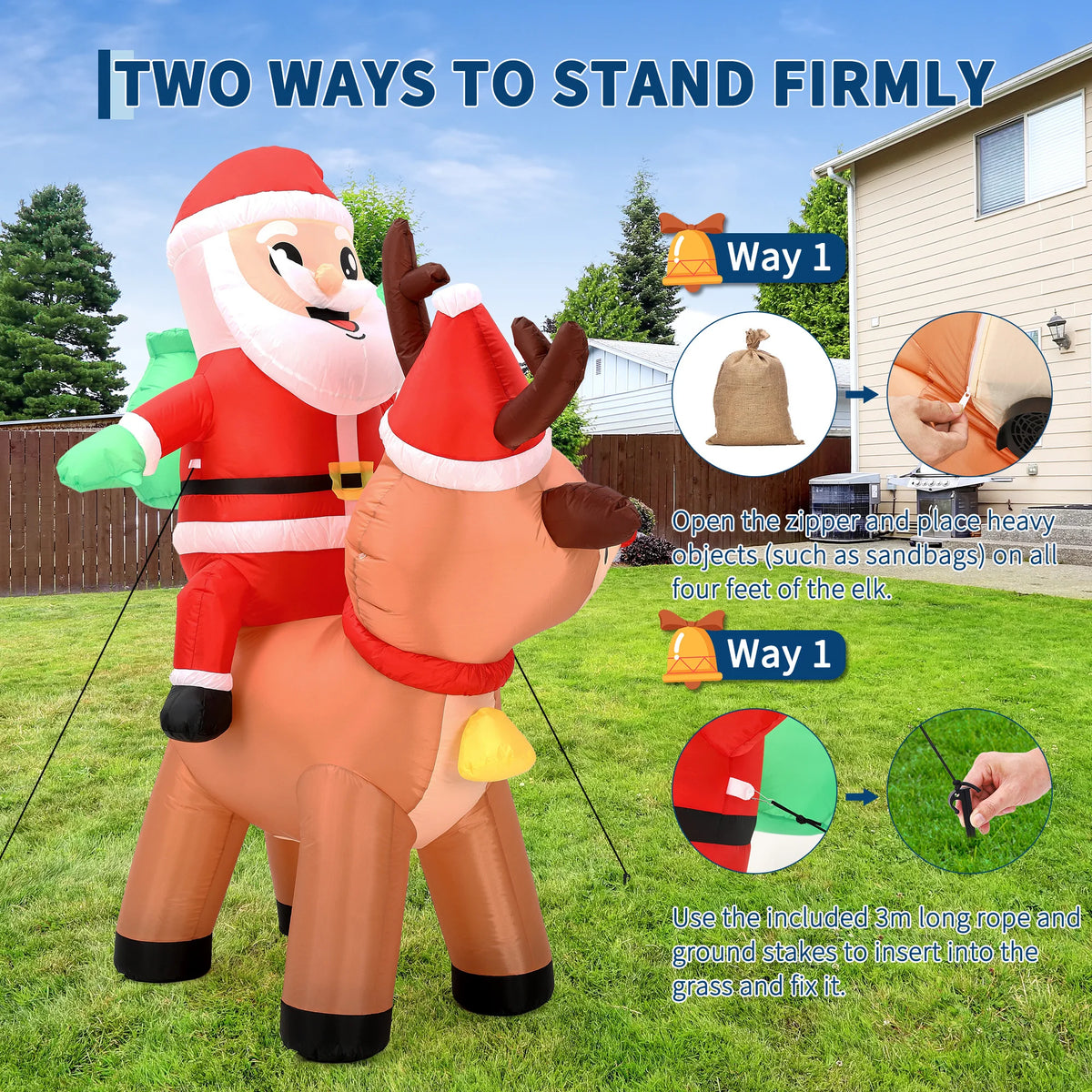 7FT Giant Santa Claus Riding Reindeer with Built-in Bright LED Lights Self Inflating