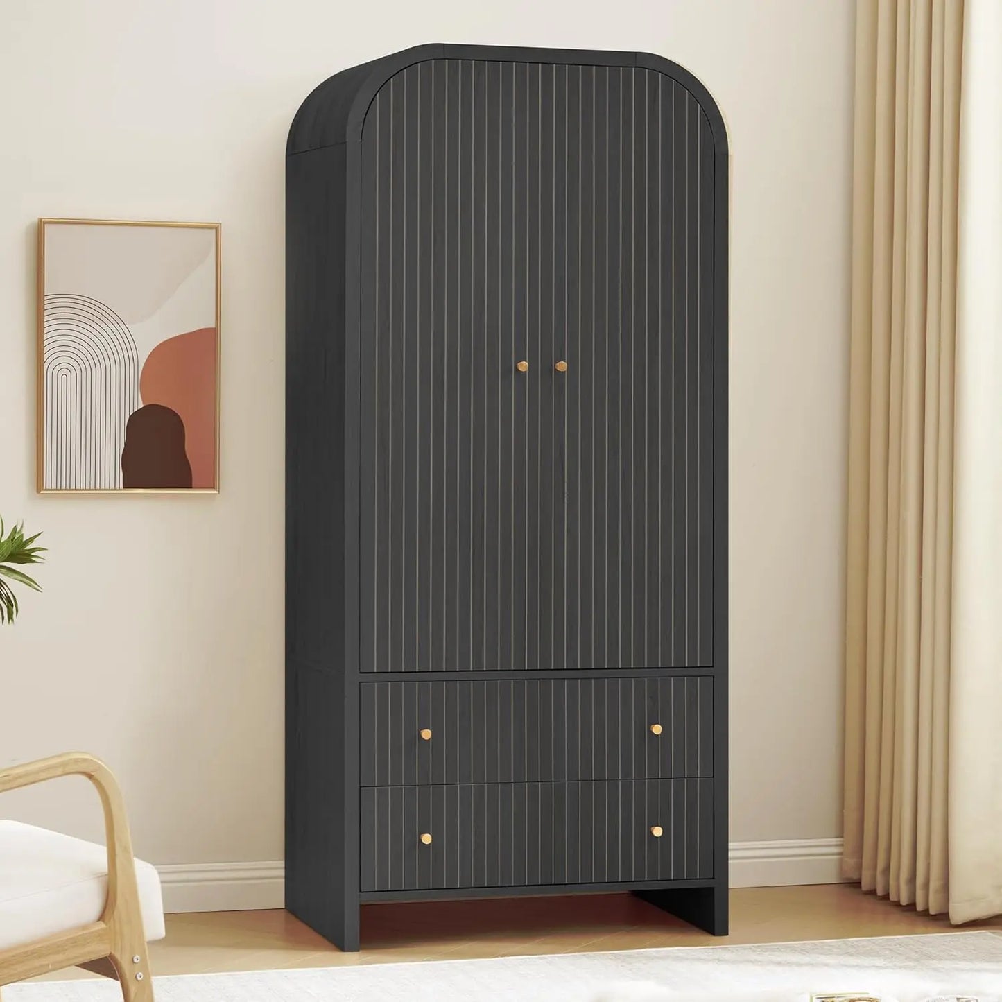 Mid-Century Modern 2-Door Freestanding Wardrobe with Hanging Rod and 2 Drawers
